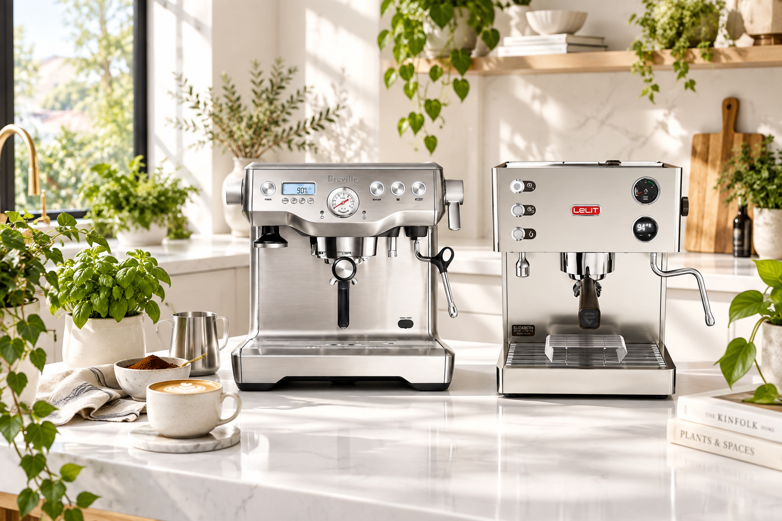 breville dual boiler next to a lelit elizabeth v3 espresso machine on a modern kitchen counter with sunlight creeping in