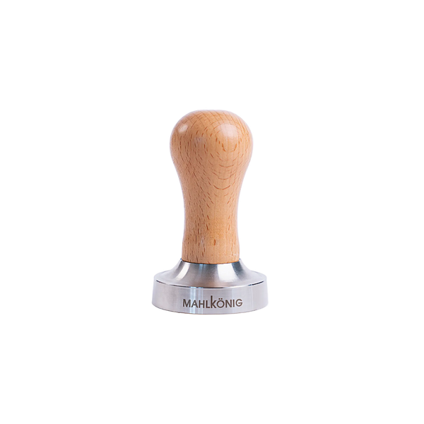 Mahlkönig coffee tamp with wooden handle on a white background