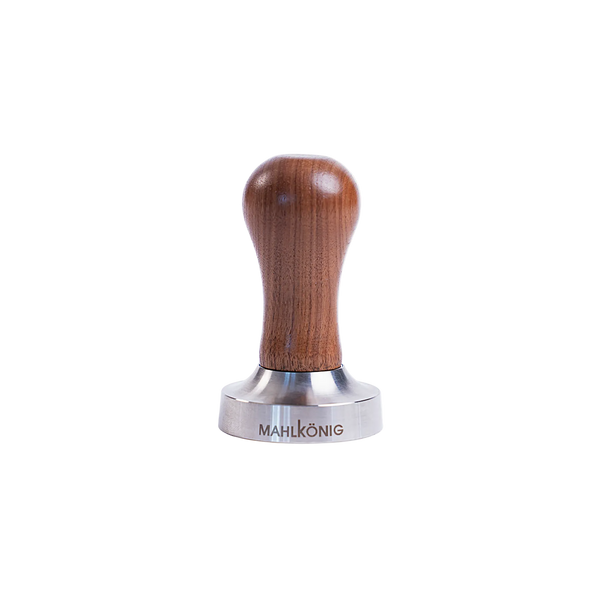 Coffee tamp with wooden handle and metal base on a white background