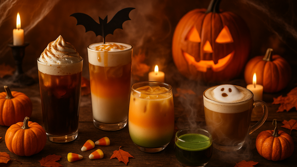 A cozy Halloween coffee scene featuring five festive drinks
