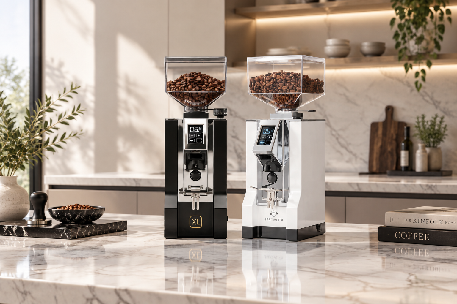 Eureka Mignon Specialità and Oro Mignon XL espresso grinders side by side on a kitchen counter