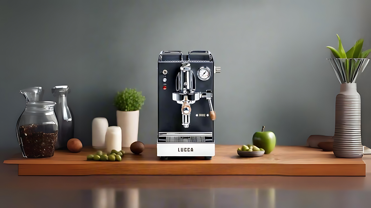 black single boiler espresso machine in kitchen