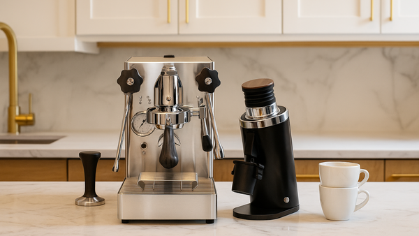 Lelit Mara X next to a DF64 Gen 2 in a bright kitchen