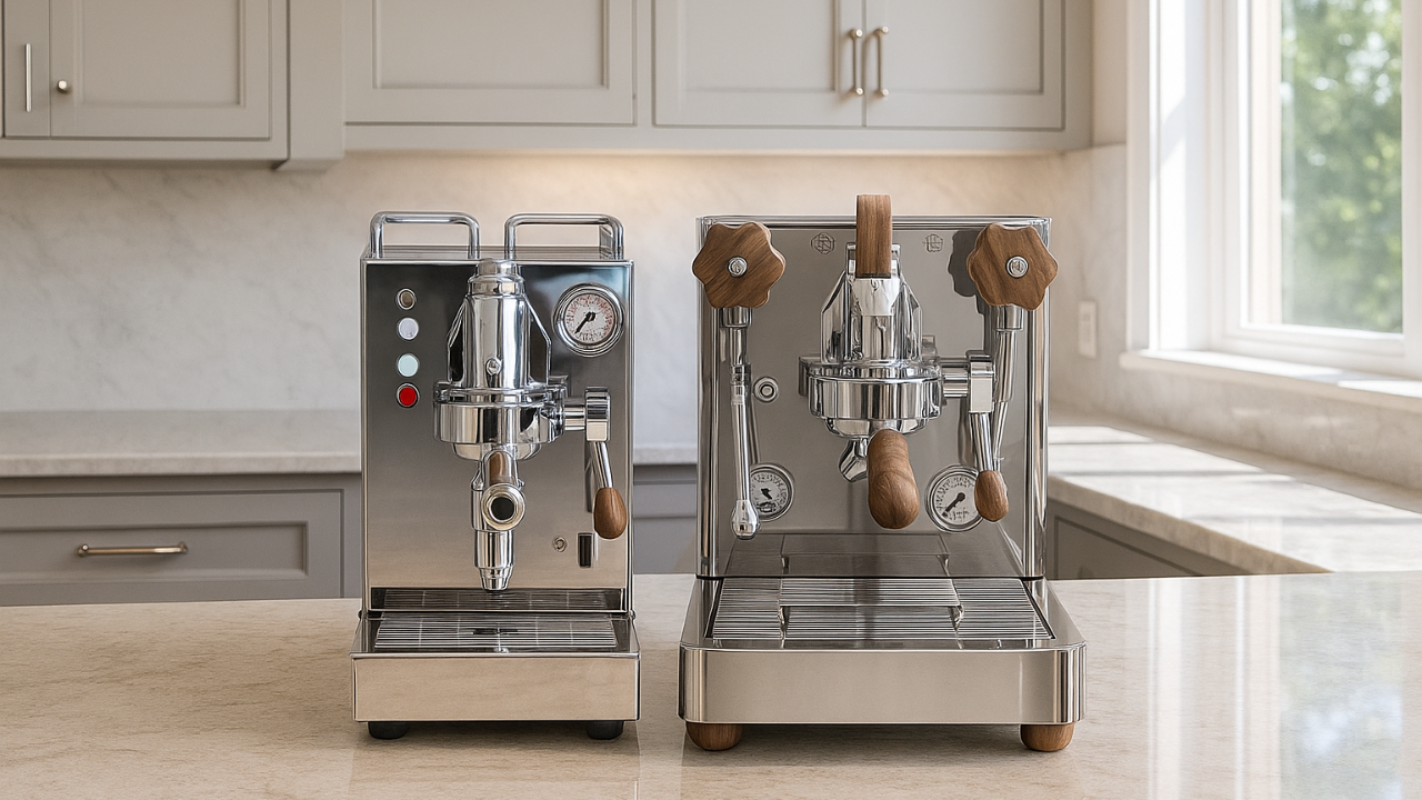 single boiler espresso machine next to a dual boiler espresso machine in a bright kitchen