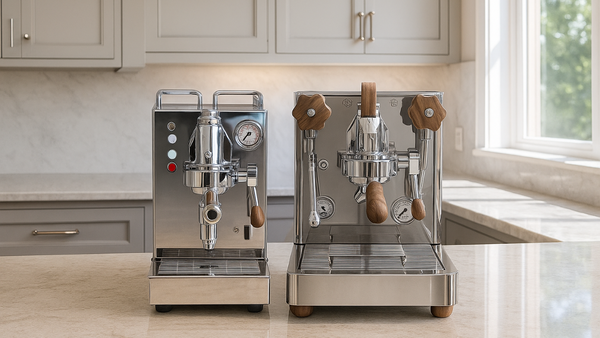single boiler espresso machine next to a dual boiler espresso machine in a bright kitchen