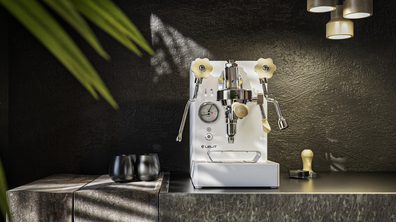 white lelit mara x v2 espresso machine in a dark setting