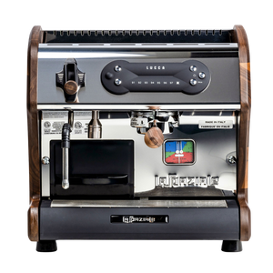 lucca a53 mini walnut espresso machine front facing view