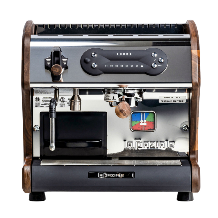 lucca a53 mini walnut espresso machine front facing view