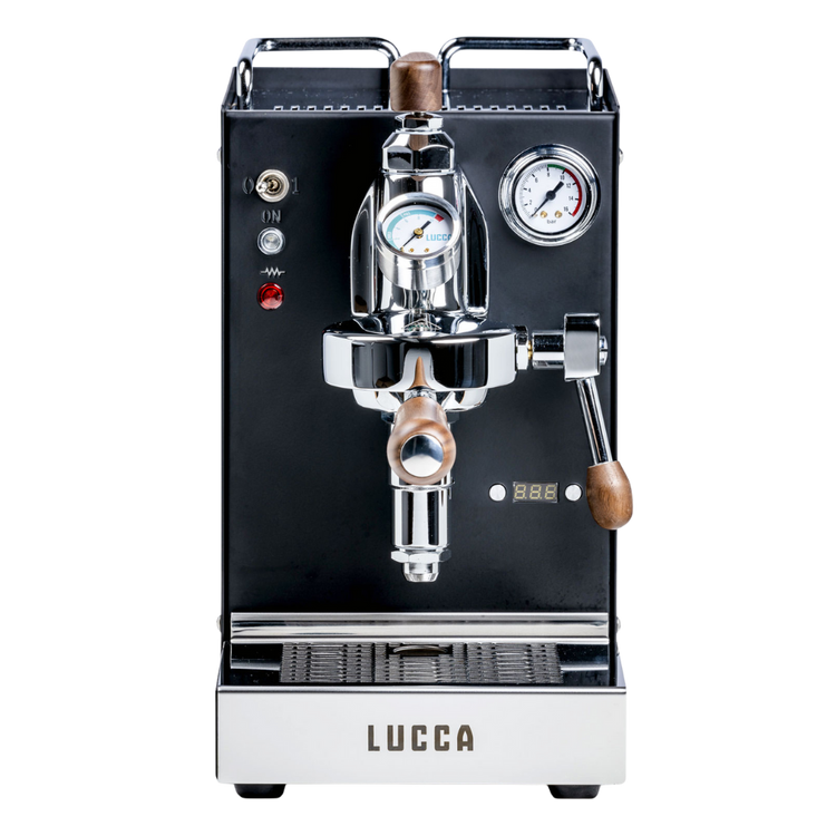 lucca solo flow control black espresso machine front view