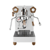 Lelit Mara X3 white espresso machine, front view with smoked oak portafilter and tamper
