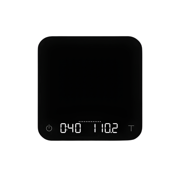 Pitch Black: Acaia Pearl coffee scale in Pitch Black with LED display lit