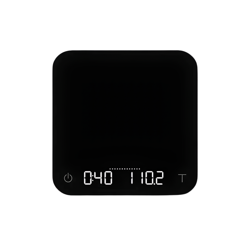 Pitch Black: Acaia Pearl coffee scale in Pitch Black with LED display lit
