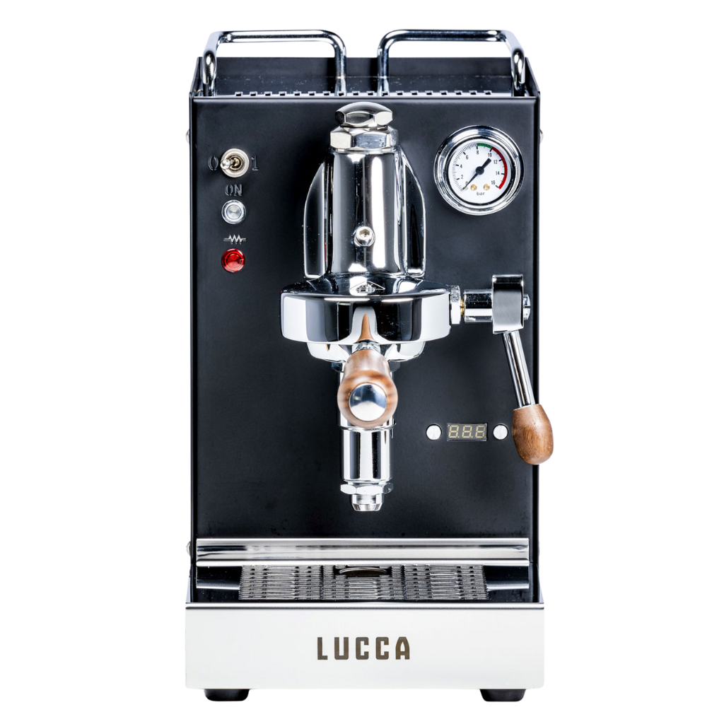 lucca solo black espresso machine front facing view