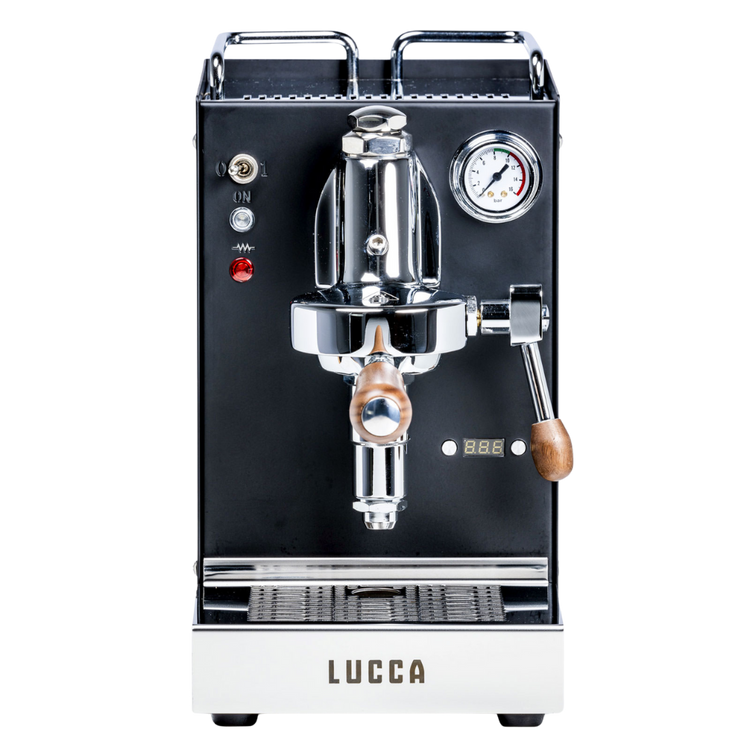 lucca solo black espresso machine front facing view