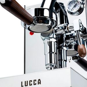 lucca solo espresso machine stainless steel group head view