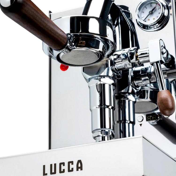 lucca solo espresso machine stainless steel group head view