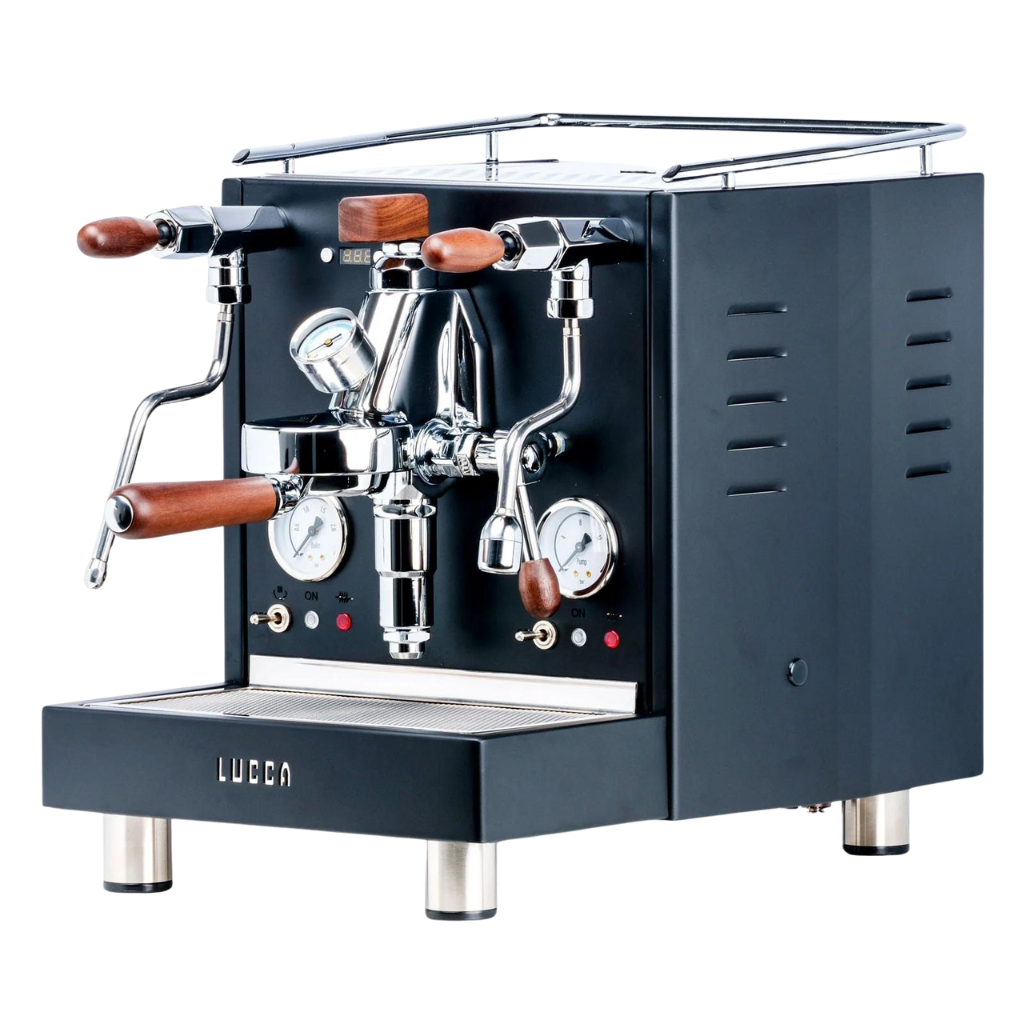 lucca m58 flow control black espresso machine walnut accents