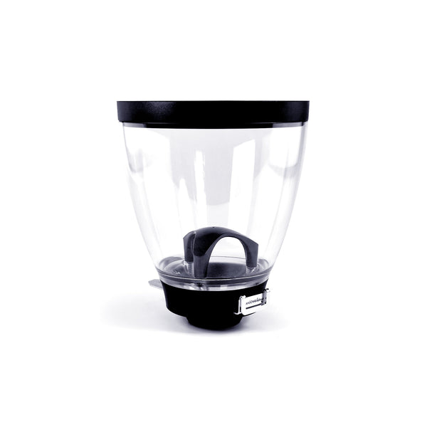 A clear plastic food storage container with a black lid and base, featuring a dark gray handle inside, shown on a white background.
