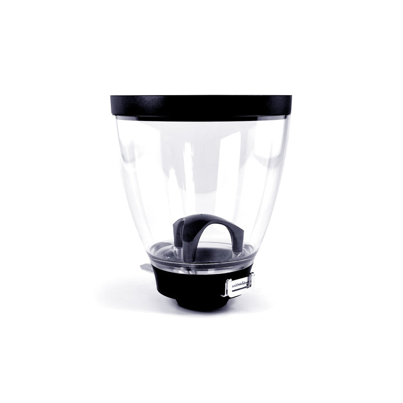 A clear plastic food storage container with a black lid and base, featuring a dark gray handle inside, shown on a white background.