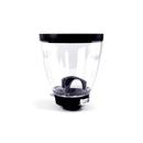 A clear plastic food storage container with a black lid and base, featuring a dark gray handle inside, shown on a white background.