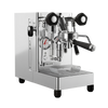 Lelit Mara X3 espresso machine in stainless steel, front three-quarter view with smoked oak portafilter and double manometer