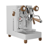Lelit Mara X3 espresso machine in white with wood accents, front three-quarter view

