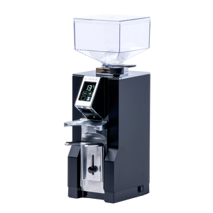 Black coffee grinder with clear top on a white background