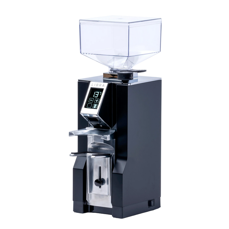 Black coffee grinder with clear top on a white background