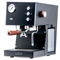 Black espresso machine with wooden handle and Lucca branding on a white background