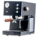 Black espresso machine with wooden handle and Lucca branding on a white background