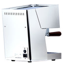 Stainless steel espresso machine with wooden handle on a white background