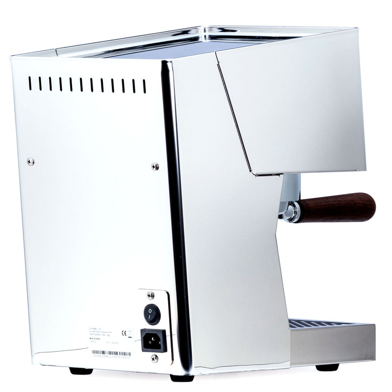 Stainless steel espresso machine with wooden handle on a white background