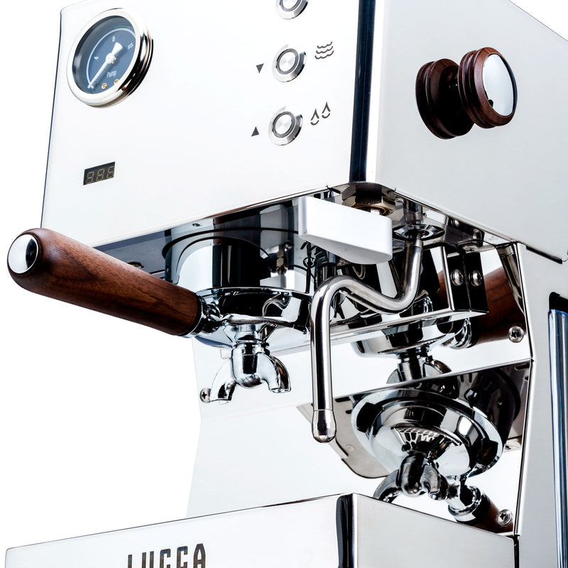 Close-up of a LUNA espresso machine with wooden handles on a white background
