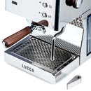 Espresso machine with wooden handle and 'Lucca' branding on a white background