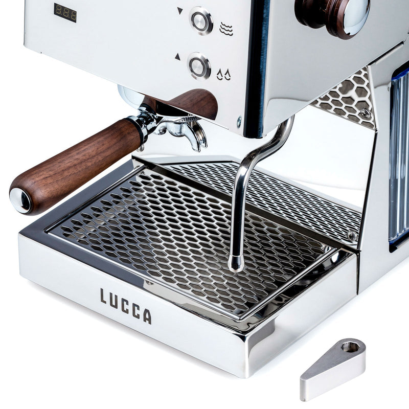 Espresso machine with wooden handle and 'Lucca' branding on a white background