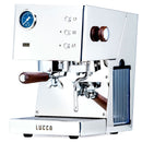 Espresso machine with 'Lucca' branding on a white background