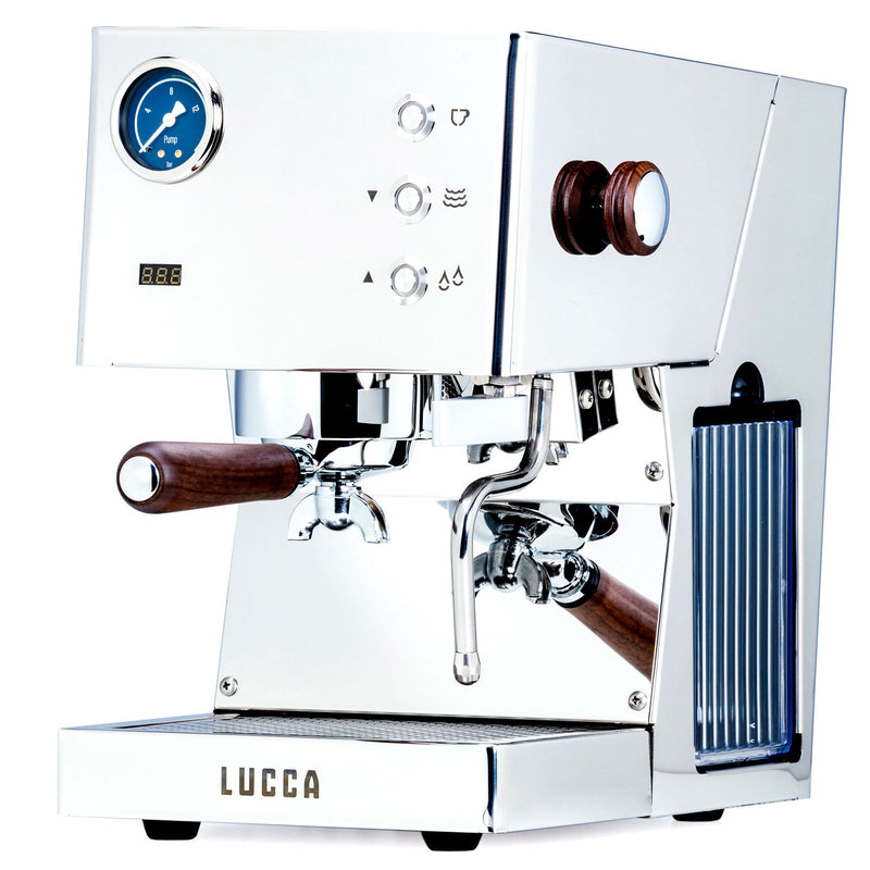 Espresso machine with 'Lucca' branding on a white background