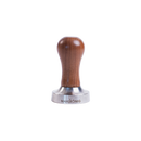 Coffee tamp with wooden handle and metal base on a white background