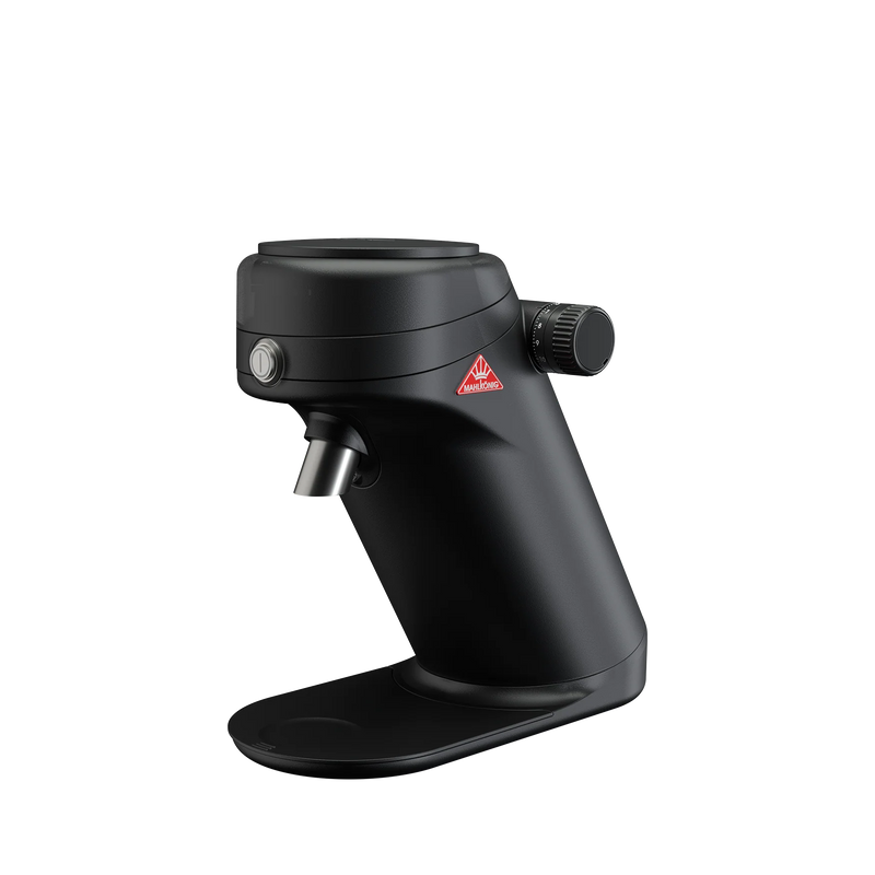 Mahlkönig X64 SD single dose grinder in black with the grounds chute extended