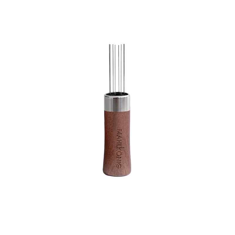Wooden pepper grinder with metal top on a white background