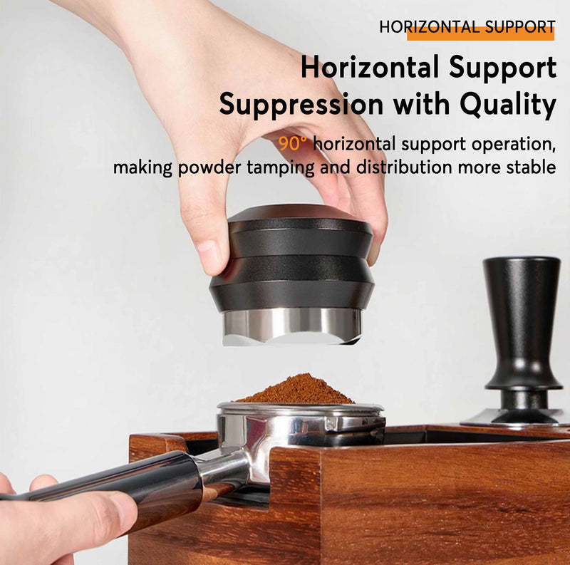 Hand using a coffee tamping tool with text about horizontal support suppression and quality.