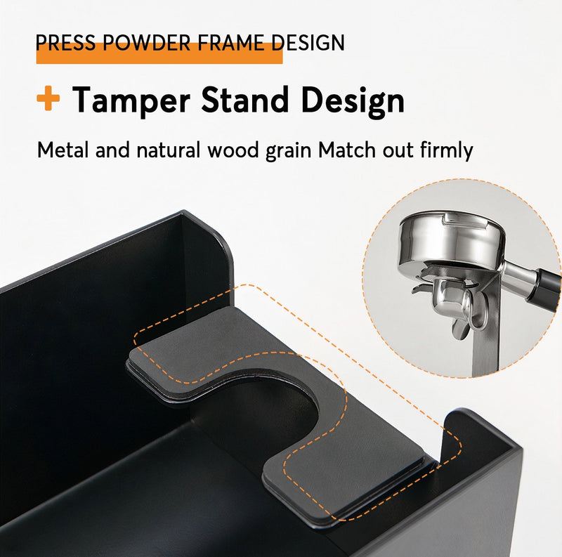 Press powder frame design with tamper stand feature on a white background