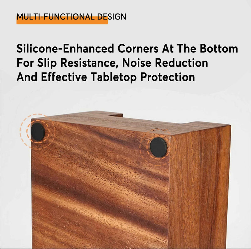 Wooden product with silicone-enhanced corners on a gray background