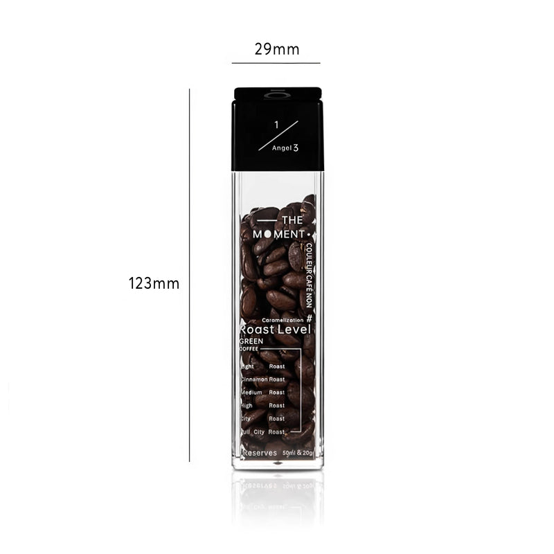 Clear container with coffee beans and measurement details on a white background