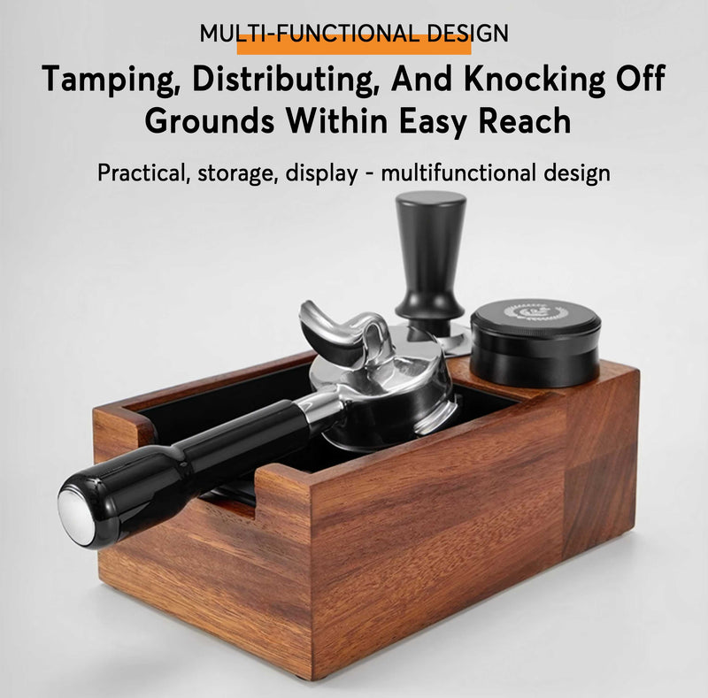 Multi-functional coffee tamping station with wooden base on a light gray background