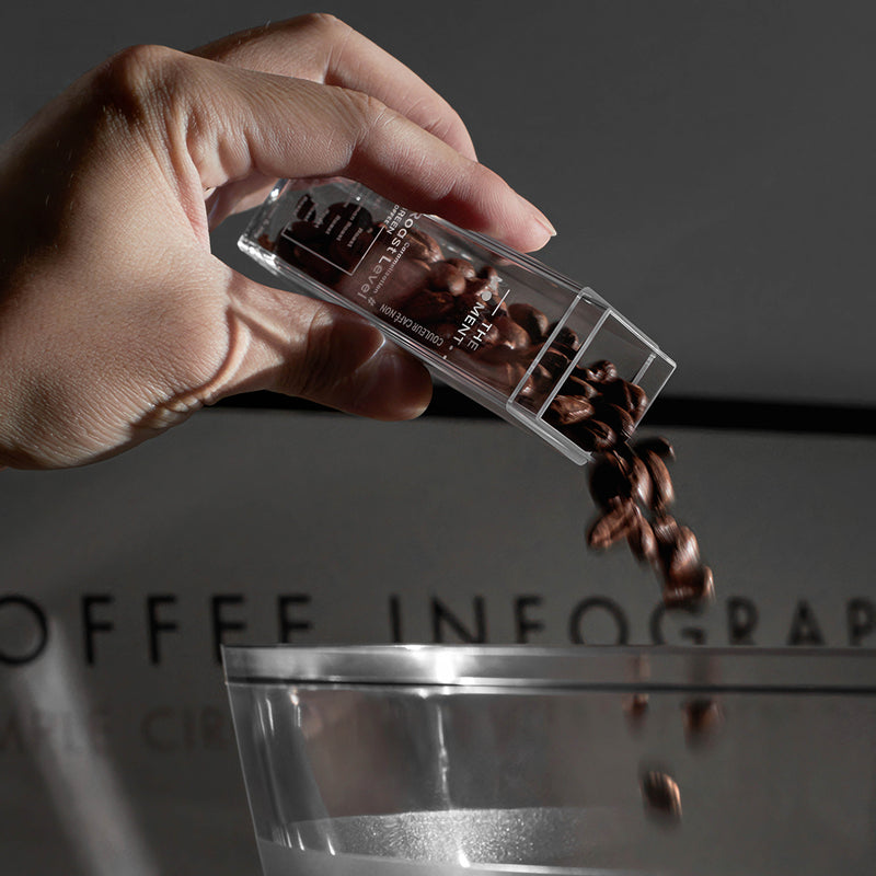 Hand pouring coffee beans from a transparent container into a glass.