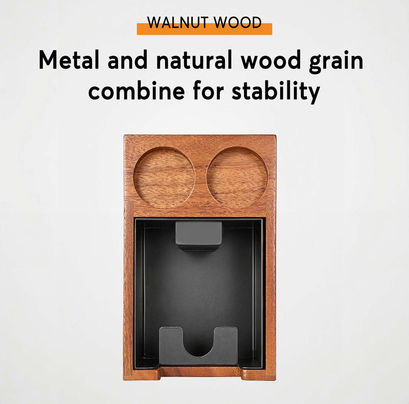 Wooden tamping station with metal accents on a white background, featuring text about wood and metal combination.