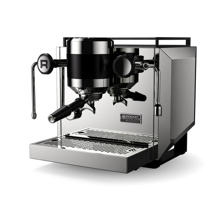 Rocket Espresso Bicocca dual boiler espresso machine, angled front view with electrically heated group
