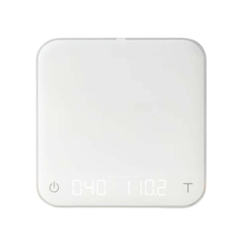 White electronic device with digital display on a white background