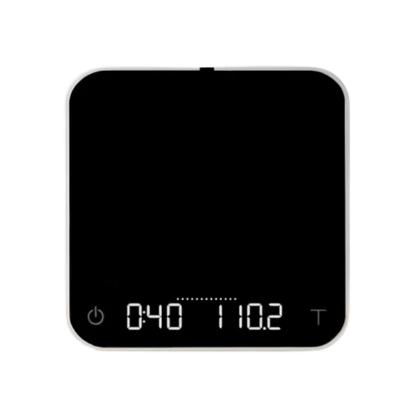 Black digital kitchen scale with digital display on a white background